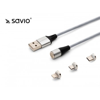 Kabel Magnetyczny USB - USB Typ C, Micro i Lightning 1m, SAVIO CL-153 Srebrny