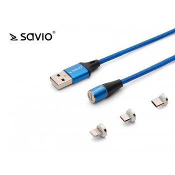 Kabel Magnetyczny USB - USB Typ C, Micro i Lightning 2m SAVIO CL-157 Niebieski