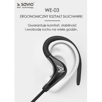 S?uchawki bezprzewodowe, z mikrofonem, ze s?uchawkami SAVIO WE-03 (dokana?owe, sportowe, bezprzewodowe, Bluetooth, z wbudowanym 