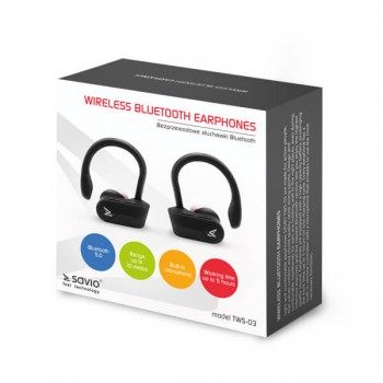 Słuchawki bezprzewodowe SAVIO TWS-03 (bluetooth, bezprzewodowe, Bluetooth, z wbudowanym mikrofonem, kolor czarny