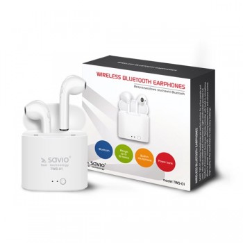 Słuchawki bezprzewodowe SAVIO TWS-01 (douszne, bezprzewodowe, Bluetooth, z wbudowanym mikrofonem, kolor biały