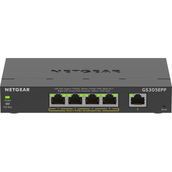NETGEAR 5-Port Gigabit Ethernet High-Power PoE+ Plus Switch (GS305EPP) Zarządzany L2 L3 Gigabit Ethernet (10 100 1000) Obsługa