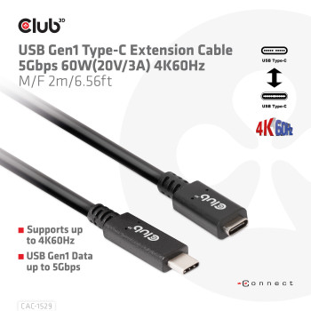 CLUB3D USB C GEN1 EXT CABLE 5GBPS 4K60HZ M F 1M kabel USB 2 x USB C