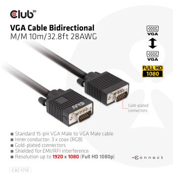 CLUB3D CAC-1710 adapter kablowy 10 m VGA (D-Sub) Czarny