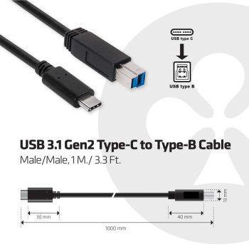 CLUB3D USB 3.1 Gen2 Type-C to Type-B Cable Male Male, 1 M.  3.3 Ft.