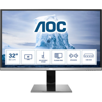 AOC 77 Series U3277PWQU monitor komputerowy 81,3 cm (32") 3840 x 2160 px 4K Ultra HD LCD Czarny, Srebrny