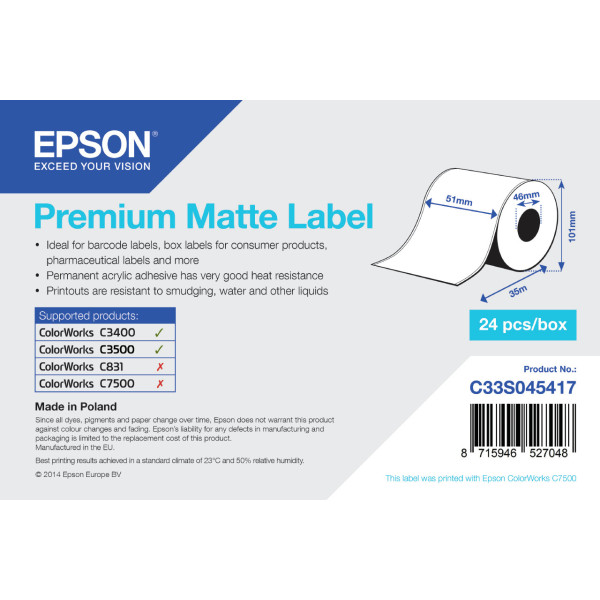 Epson Premium Matte Label - Continuous Roll 51mm x 35m Epson Premium Matte Label - Continuous Roll 51mm x 35m