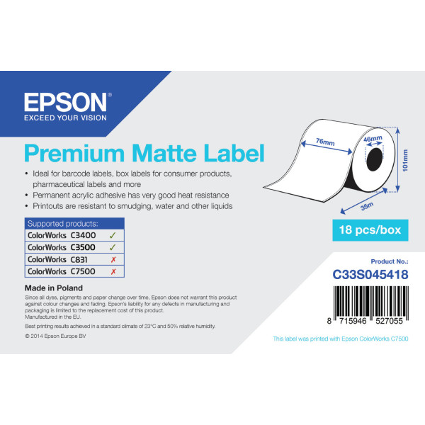 Epson Premium Matte Label - Continuous Roll 76mm x 35m Epson Premium Matte Label - Continuous Roll 76mm x 35m
