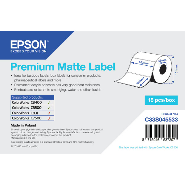 Epson Premium Matte Label - Die-cut Roll 102mm x 152mm, 225 labels Epson Premium Matte Label - Die-cut Roll 102mm x 152mm, 225 labels