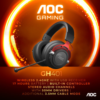 AOC GH401 słuchawki zestaw słuchawkowy Przewodowy i Bezprzewodowy Opaska na głowę Gaming Czarny, Czerwony