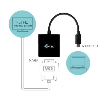 i-tec C31VGA60HZP adapter kablowy 0,15 m USB Type-C VGA (D-Sub) Czarny, Turkusowy