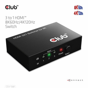 CLUB3D 3 to 1 HDMI 8K60Hz Switch przełącznik KVM Czarny