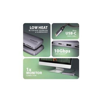AXAGON HMC-6GM2, USB 10Gbps hub, USB-A, USB-C, HDMI, M.2 slot, SD/MicroSD, PD 100W, kabel USB-C 20cm