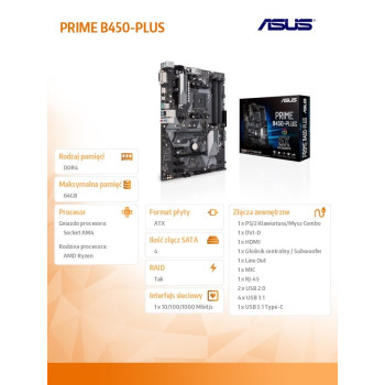 Płyta główna PRIME B450-PLUS AM4 4DDR4 DVI/HDMI/M.2 ATX