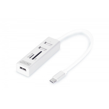 HUB/Koncentrator 3-portowy OTG USB Typ C, USB 2.0 HighSpeed czytnik kart SD/Micro SD, aluminium