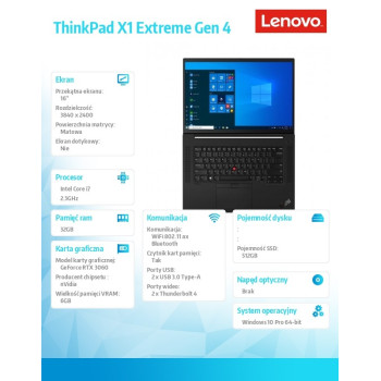Ultrabook ThinkPad X1 Extreme G4 20Y5001SPB W10Pro i7-11800H/32GB/512GB/RTX3060 6GB/16.0 WQUXGA/3YRS Premier Support