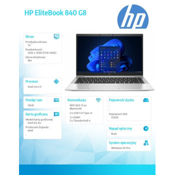 Notebook EliteBook 840 G8 i7-1165G7 512GB/16GB/W10P/14.0 3G2H0EA