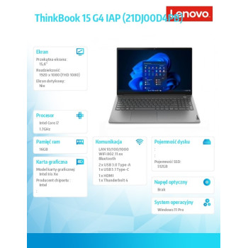 Laptop ThinkBook 15 G4 21DJ00D4PB W11Pro i7-1255U/16GB/512GB/INT/15.6 FHD/Mineral Grey/3YRS OS