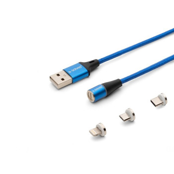 Kabel magnetyczny USB - USB typ C, Micro i Lightning, niebieski, 2m, CL-157