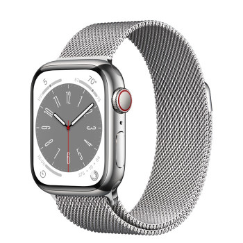 Watch Series 8 GPS + Cellular, 41 mm Koperta ze stali nierdzewnej w kolorze srebrnym z bransoletą mediolańską w kolorze srebrnym