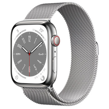 Watch Series 8 GPS + Cellular, 45 mm Koperta ze stali nierdzewnej w kolorze srebrnym z bransoletą mediolańską w kolorze srebrnym