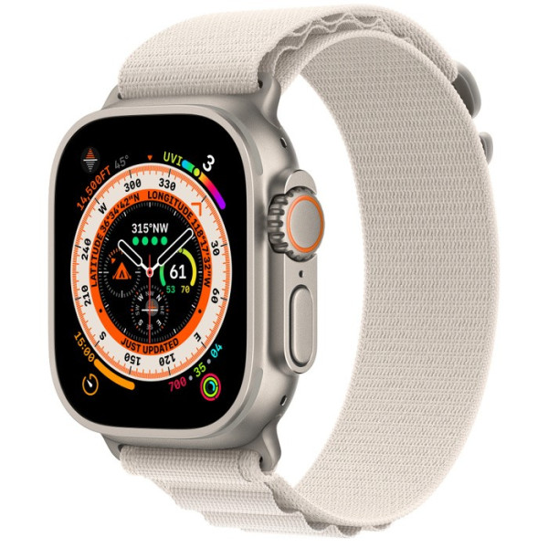Watch Ultra GPS + Cellular, 49 mm Koperta tytanowa z opaską Alpine w kolorze księżycowej poświaty - L Watch Ultra GPS + Cellular, 49 mm Koperta tytanowa z opaską Alpine w kolorze księżycowej poświaty - L