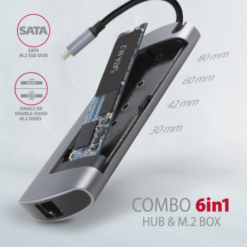 HMC-6M2 Wieloportowy hub USB-C 3.2 Gen 1, slot M.2 SATA + HDMI + GLAN + 2x USB-A + PD 100W