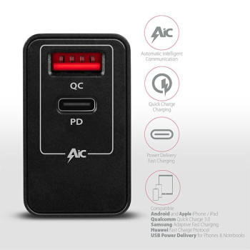 ACU-PQ22 Ładowarka sieciowa, PD & QC 22W, 2x port (USB-A + USB-C), PD3.0/QC3.0/AFC/FCP/Apple, czarna