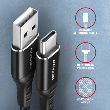 BUCM-AM10AB Kabel USB-C - USB-A, 1.0m USB 2.0, 3A, ALU, oplot Czarny