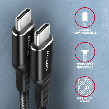 BUCM-CM10AB Kabel USB-C - USB-C 2.0, 1m, PD 60W, 3A, ALU, oplot Czarny