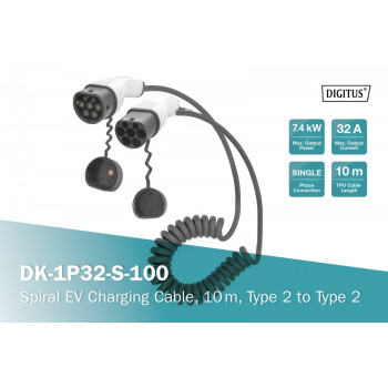 Kabel spiralny do ładowania pojazdów elektrycznych EV, Typ2-Typ2, jednofazowy 230V, 32A, 7.4kW, 10m