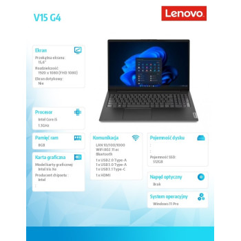 Laptop V15 G4 83A1004DPB W11Pro i5-1335U/8GB/512GB/INT/15.6 FHD/Business Black/3YRS OS