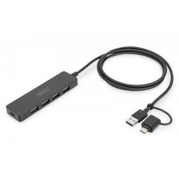 Hub USB 3.0/Koncentrator 4-portowy SlimLine USB A + adapter USB-C 1,2m 5Gbps, złącze zasilania USB-C