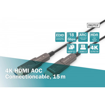 Kabel hybrydowy AOC HDMI 2.0 Premium High Speed Ethernet 4K60Hz UHD HDMI D/A HDMI D/A M/M z odłączanym wtykiem, 15m, Czarny
