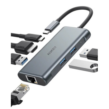 CB-C75 aluminiowy Hub USB-C 6w1 RJ45 Ethernet 10/100/1000Mbps 3xUSB 3.1 HDMI 4k@30Hz USB-C Power Delivery 100W