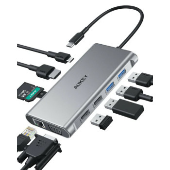 CB-C89 aluminiowy Hub USB-C 10w1 RJ45 Ethernet 10/100/1000Mbps 4xUSB HDMI 4k@30Hz SD i microSD USB-C Power Delivery 100W